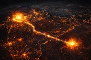 Aerial view of a map with bright, glowing orange lines and bursts, highlighting a connected route between two major points.