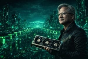 A person in a leather jacket holds a large graphics card against a futuristic, green-lit cityscape backdrop.