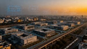 Aerial view of a modern office complex at sunset, with digital blue lines and architectural diagrams superimposed, illustrating smart city technology.