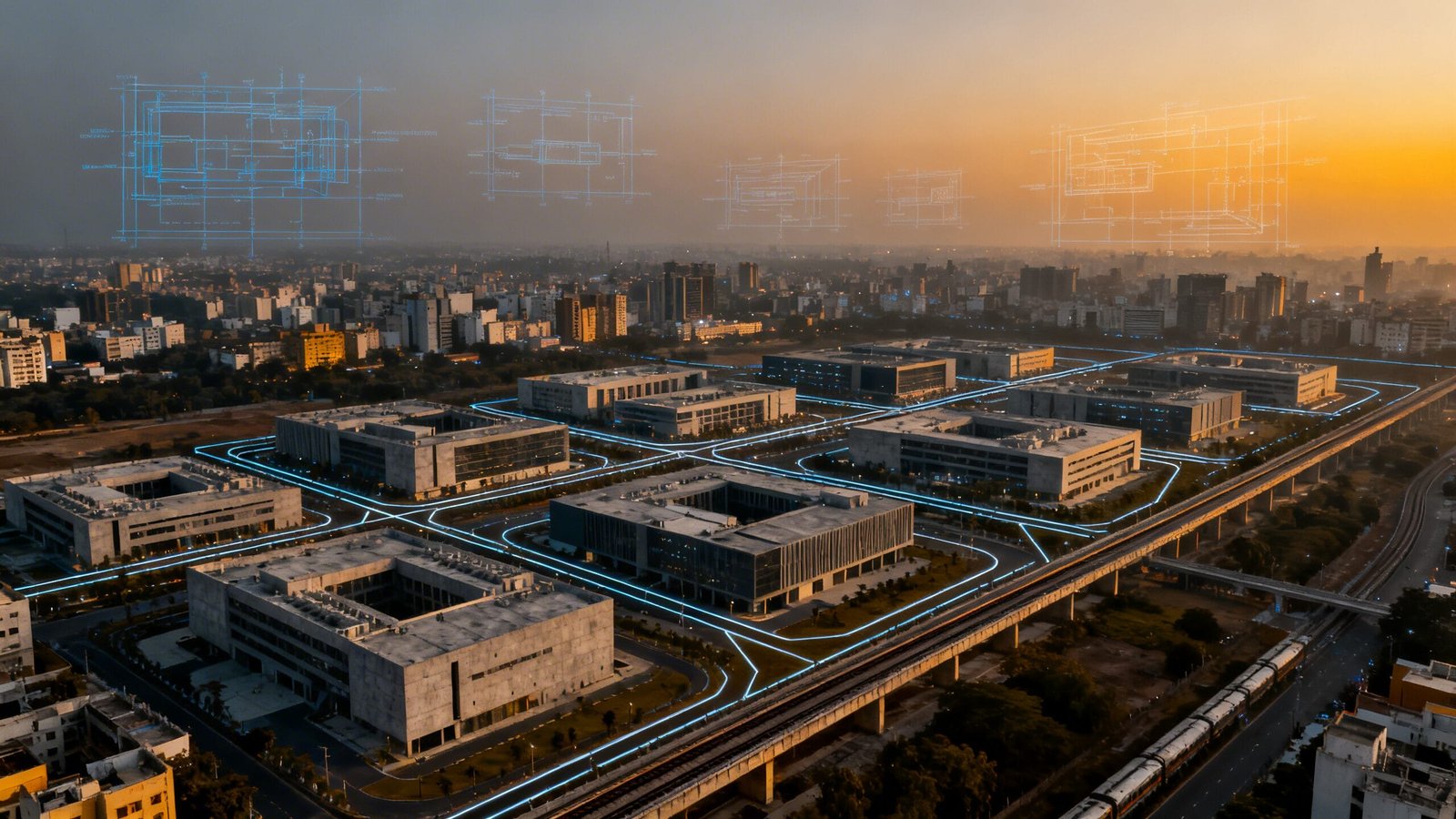 Aerial view of a modern office complex at sunset, with digital blue lines and architectural diagrams superimposed, illustrating smart city technology.