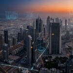 Aerial view of a modern city skyline at sunset with digital graphics overlayed, illustrating smart city technology and data connectivity among skyscrapers.