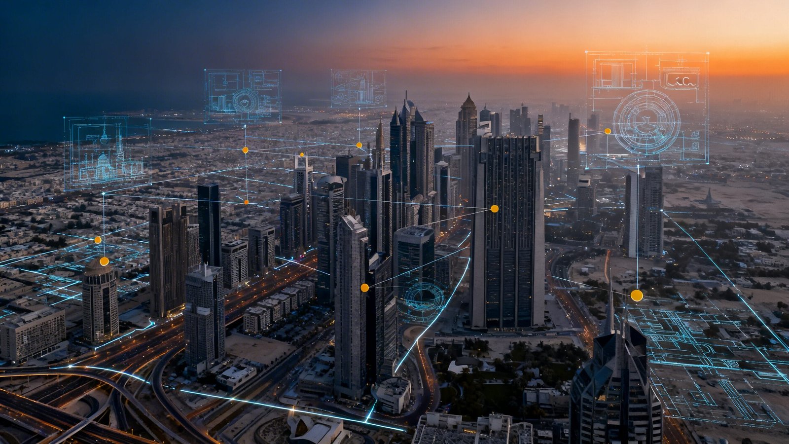Aerial view of a modern city skyline at sunset with digital graphics overlayed, illustrating smart city technology and data connectivity among skyscrapers.