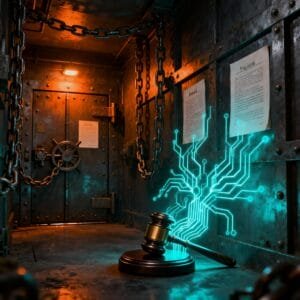 A gavel with glowing circuit lines rests on a metal table inside a secure, vault-like room with chains, legal documents, and a heavy door.