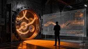 A person stands in front of a large, high-tech vault with glowing orange chains and gears, analyzing data displayed on a transparent digital screen.