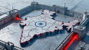 A fortress surrounds a map of India with a large Indian flag emblem in the center, illuminated by blue and red lights.