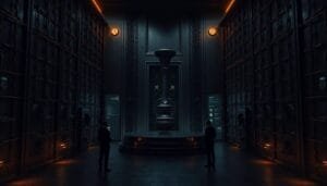 A dimly lit, futuristic vault room with tall walls, digital screens, and two people standing near the center, where a large, ornate structure is displayed.