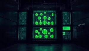 A dark server room with illuminated green circuitry panels and interconnected circular nodes displayed on two central screens.