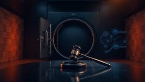 A judge's gavel rests on a table in front of an open bank vault door, with digital icons appearing in the background.