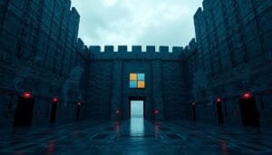 A large stone fortress with a glowing Microsoft logo above the main entrance, surrounded by high walls and red security lights, under a cloudy sky.