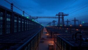 A large industrial facility with rows of shipping containers and tall power lines, illuminated by artificial lights at dusk.