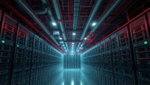 A brightly lit server room features rows of black server racks, illuminated by red and blue lights, with exposed pipes on the ceiling.
