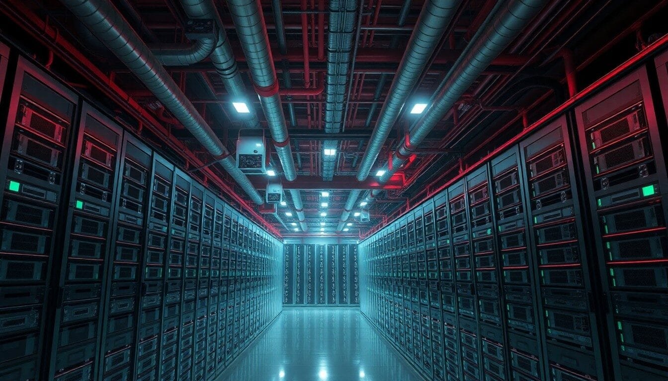 A brightly lit server room features rows of black server racks, illuminated by red and blue lights, with exposed pipes on the ceiling.
