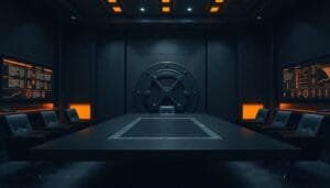 A modern, dark conference room with a large table, six chairs, orange-lit digital screens on the walls, and a large vault door at the back.
