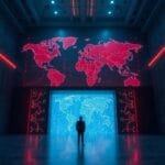 A person stands in a large, futuristic room with illuminated world maps displayed on the walls, one in red and one in blue.