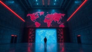A person stands in a large, futuristic room with illuminated world maps displayed on the walls, one in red and one in blue.