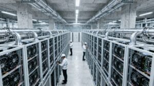 Four workers in white uniforms inspect rows of computer servers and cooling pipes in a large, industrial data center.