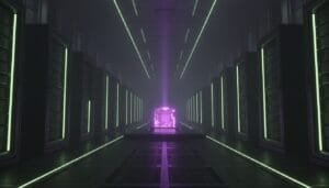 A glowing purple cube is displayed in the center of a futuristic server room lined with tall server racks and illuminated by green neon lights.