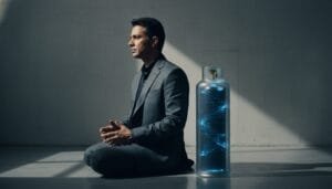 A man in a suit sits cross-legged on the floor indoors next to a transparent cylinder containing blue, glowing digital patterns.