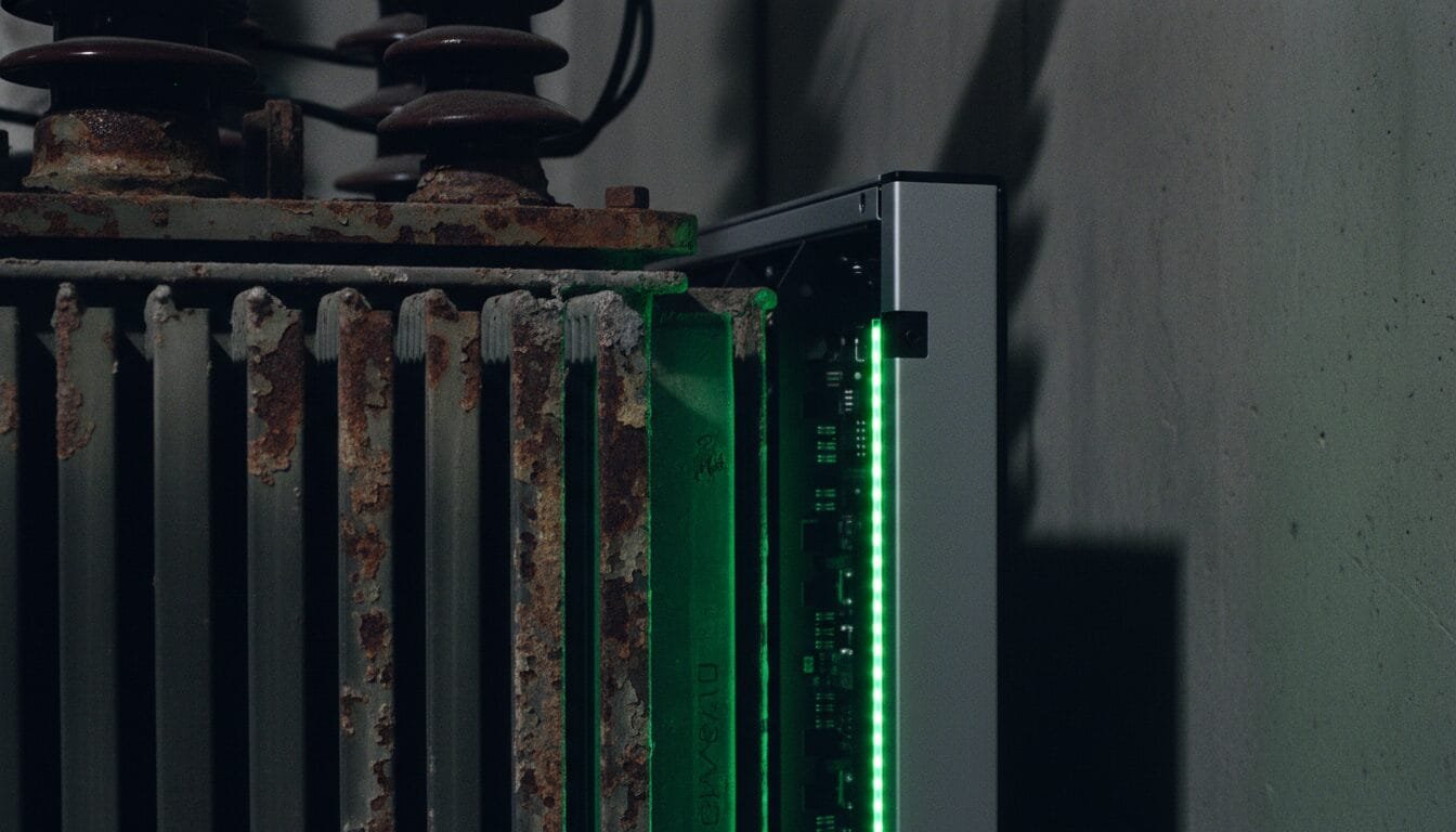 A close-up of an old, rusty radiator next to a modern device with green indicator lights in a dimly lit room.