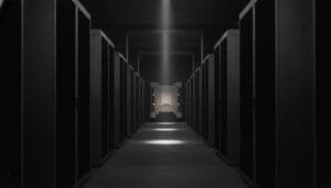 A dimly lit corridor lined with large server racks on both sides, illuminated by ceiling lights, leading to a central, elevated metallic structure at the end.