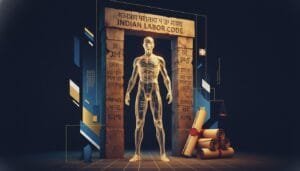 A digital illustration showing a transparent human figure in front of a stone gateway labeled "Indian Labor Code," with scrolls and a justice scale nearby.