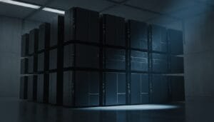 A large, block-shaped cluster of black computer servers is arranged in a dimly lit, modern data center room.