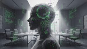 A digital rendering of a humanoid figure with holographic data and interface elements projected around its head, set in a modern conference room.