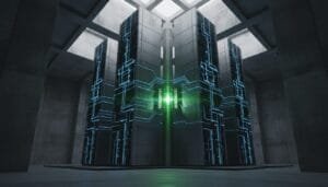 A futuristic data server room with tall, illuminated server towers featuring blue circuit-like patterns and a glowing green core in the center.