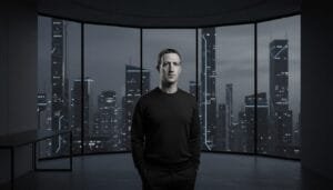 A man in a dark sweater stands in front of large windows overlooking a futuristic cityscape at night with tall, illuminated skyscrapers.