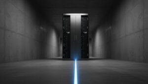 A single server rack stands in the center of a concrete room with a blue illuminated line running along the floor toward it.