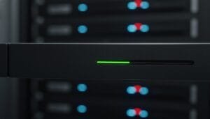 Close-up of a server rack with a green indicator light, showing other servers with blue and red lights blurred in the background.