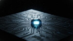 A glowing sphere sits at the center of a dark circuit board, highlighting electronic pathways under low light.