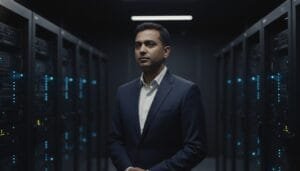 A man in a suit stands in a server room between rows of computer servers with blue indicator lights.