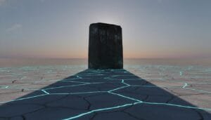 A large, dark monolith stands on a cracked, glowing surface in a barren landscape at sunset, casting a long shadow.