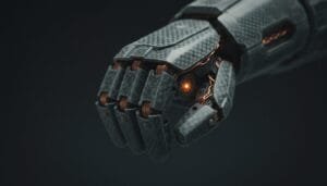 A close-up of a metallic robotic hand with visible joints, orange wiring, and a glowing orange light, set against a dark background.