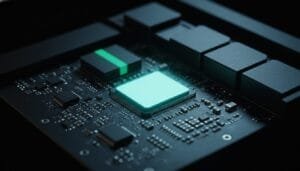 Close-up of a computer circuit board featuring a glowing central chip and various electronic components.