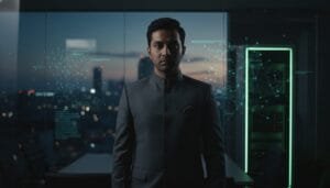 A man in a formal suit stands in a modern office at dusk, with digital data visualizations displayed on a glass wall behind him.