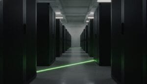 A hallway in a data center with rows of black server racks and a green light strip running along the floor.