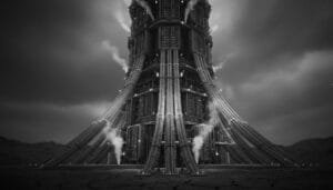 A large industrial tower with numerous pipes and vents emitting steam stands on cracked ground under a cloudy sky in a barren landscape.