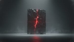 A large, rough black stone slab stands upright, illuminated by a red glowing crack running vertically through its center, surrounded by mist and dramatic lighting.