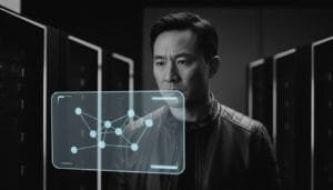 A man in a leather jacket stands in a server room, looking at a holographic display with a network diagram.
