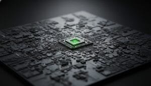 A close-up of a black microchip with green lights at the center, surrounded by intricate electronic circuit patterns on a dark background.