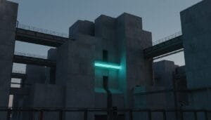 A concrete industrial building with rectangular structures, elevated walkways, and a single teal neon light on the facade at dusk.