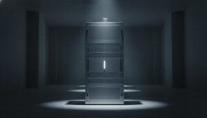 A single server rack is illuminated by overhead light in a dark, empty room with concrete walls and floor.