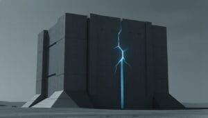 A large, monolithic concrete structure stands in a barren landscape with a glowing blue crack running vertically through its center.