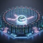 A digital illustration of a circular data center with servers and glowing circuit lines surrounding a glass sphere displaying the Nvidia logo.