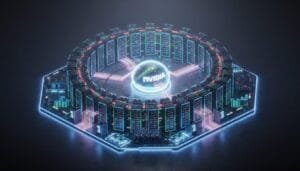 A digital illustration of a circular data center with servers and glowing circuit lines surrounding a glass sphere displaying the Nvidia logo.