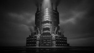 A large, dark, industrial-style building with illuminated windows emits smoke and stands under a beam of light in a rainy, overcast environment.