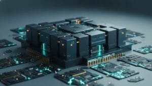 A futuristic computer processor labeled "Monolith Compute" is surrounded by circuit boards with glowing teal and orange accents.