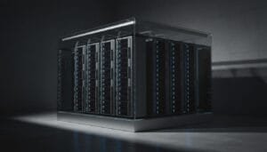A large glass-enclosed server rack filled with multiple rows of black computer servers, illuminated by blue indicator lights in a dimly lit room.
